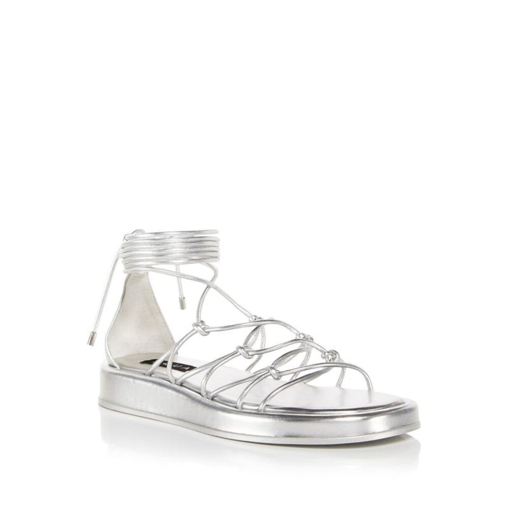AQUA Womens Silver Ankle Wrap Stars Open Toe Wedge Gladiator Sandals Shoes 7 M